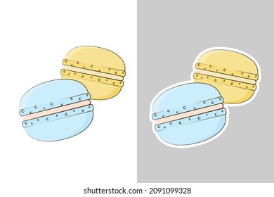 Macarons amarillos y azules sobre fondo blanco y gris, ilustración vectorial de estilo plano