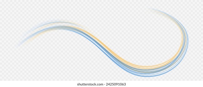 Gelbe und blaue Zauberspiralen mit Funkeln. Gelbes und blaues Licht. Glitzerpartikel mit Linien. Wirbel-Effekt. PNG.