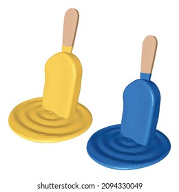 Yellow and Blue Melting Popsicles Isolated on White. Ice Creams on Wooden Sticks. Realistic 3D Vector Illustration.