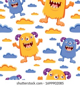 yellow and blue monsters on a seamless pattern