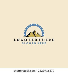 yellow and blue mountain and sun logo isolated on cream color baground