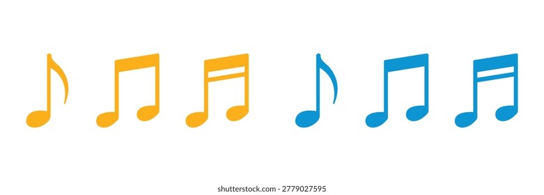 Yellow and blue musical note set, eighth and sixteenth notes isolated on white background