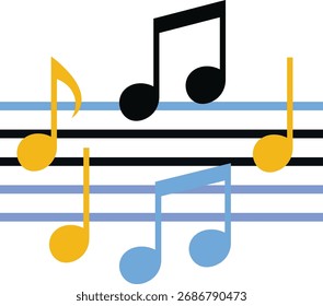 Notas musicales amarillas y azules en líneas de pentagrama negras y azules Vector