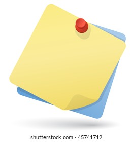 Yellow and blue note papers with red pushpin