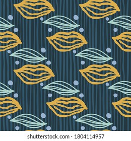 Yellow and blue outline leaves silhouettes seamless pattern. Navy stripped background. Stylized floral artwork. Perfect for wallpaper, textile, wrapping paper, fabric print. Vector illustration.