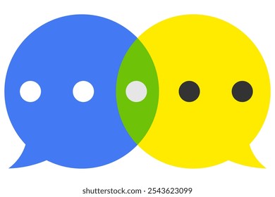 As bolhas de fala em amarelo e azul representam comunicação, diálogo e conversa, simbolizando relacionamentos, networking, trabalho em equipe, interações comerciais e conexão