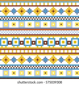 Yellow blue pattern on a white background. Geometric pixels seamless texture,  vector illustration. 