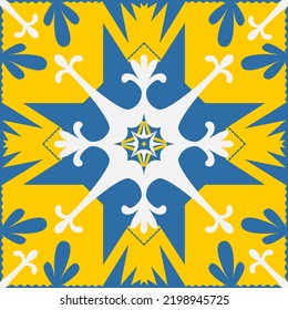 Patrón azul amarillo para tejas talavera estilo español, ilustración vectorial para diseño, mandala simétrica geométrica