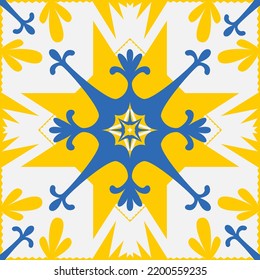 Yellow blue pattern for tiles talavera spanish style, vector illustration for design, symmetric mandala