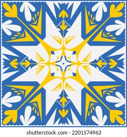 Gelbes blaues Muster für Fliesen talavera spanisch Stil, Vektorgrafik für Design, geometrisch eckige symmetrische Mandala