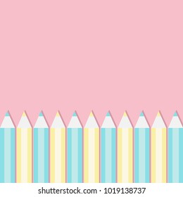 Yellow and blue pencil set frame. Back to school card. Flat design. Pink pastel color background. Isolated template. Vector illustration