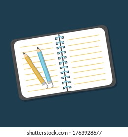 Yellow and blue pencils with rubber eraser on the open notepad. School instrument, creativity, idea, education and design symbol. Vector illustration isolated on blue background.