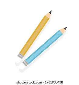 Yellow and blue pencils with rubber eraser. Sharpened detailed office mockup, school instrument, creativity, idea, education and design symbol. Vector illustration isolated on white background.