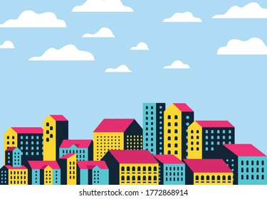 Yellow blue and pink city buildings landscape with clouds design, Abstract geometric architecture and urban theme Vector illustration