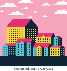 Yellow blue and pink city buildings landscape with clouds design, Abstract geometric architecture and urban theme Vector illustration