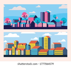 Yellow blue and pink city buildings landscape with clouds and trees frames design, Abstract geometric architecture and urban theme illustration