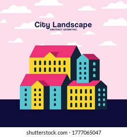 Yellow blue and pink city buildings landscape with clouds design, Abstract geometric architecture and urban theme illustration