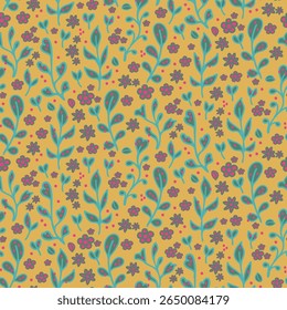 Yellow blue pink cute seamless ditsy wild flowers pattern. Vintage boho chic jewel tone floral background. All over floral colorful daisy. Bohemian style dense botanical hand-drawn flowers and leaves.