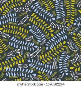 Yellow, blue and pink leaves. Vector seamless pattern.
