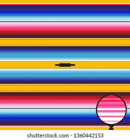 
Yellow Blue Pink Red Mexican Serape Blanket Stripes Seamless Vector Pattern. Rug Texture with Threads. Background for Cinco de Mayo Decor or Mexican Food Restaurant Menu. Pattern Tile Swatch Included