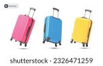 Yellow, blue and pink suitcase flying on white background. Suitcase plastic bag flying, creative journey concept, travel concept. 3d vector icon set