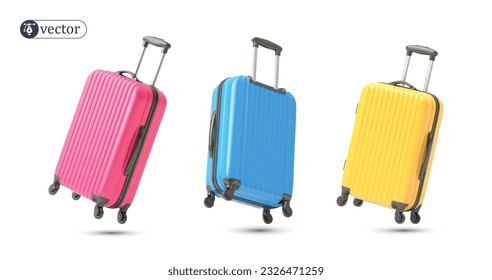 Yellow, blue and pink suitcase flying on white background. Suitcase plastic bag flying, creative journey concept, travel concept. 3d vector icon set