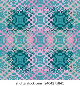 Yellow, blue and pink tie dye design, seamless ikat pattern with ethnic elements Handmade. Print for textiles. Grunge texture. Vector illustration.