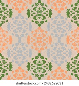 Yellow, blue and pink tie dye design, seamless ikat pattern with ethnic elements  Azulejos tiles patchwork. Portuguese and Spain decor.