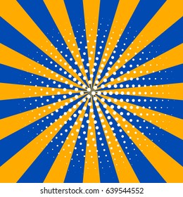 ?artoon yellow and blue pop art card, banner, flyer with rays of sun. Vector illustration of explosion, burst.