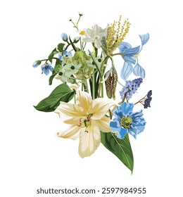 Yellow, blue poppy, lily, tulip, fall garden flowers, eucalyptus, greenery vector design. Wedding spring summer floral bouquet.