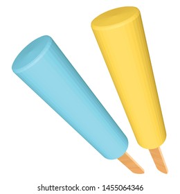 Yellow and Blue Popsicles in Perspective Isolated on White. Ice Creams on Wooden Sticks. Low Poly Realistic Vector Illustration.