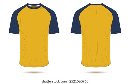 Yellow and blue raglan sleeve t-shirt mockup front and back view