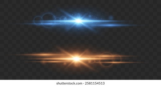 Yellow and blue rays of light with starbursts.Laser beams.Glowing stripes on a transparent background.Vector illustration.