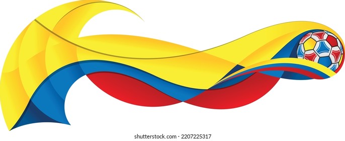 Yellow blue and red soccer ball leaving a wavy trail with the colors of the flag of Ecuador on a white background. Vector image