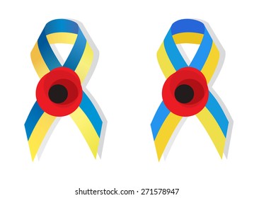Yellow blue ribbon colors of the national flag of Ukraine and poppy flower symbol of the memory of World War 2 awarenes