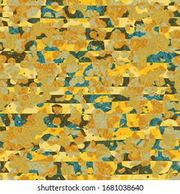 Yellow and blue rough seamless texture with decorative elements. 