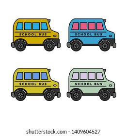 Yellow and blue school buses icons isolated on white background. Side view. Back to school vector Illustration. Can be used for topics education, pupils, bus, transportation.