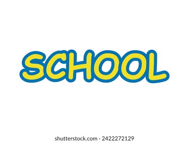 Yellow and blue school title on white background.