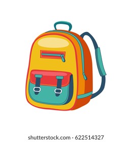 Yellow And Blue Schoolkid Backpack, Set Of School And Education Related Objects In Colorful Cartoon Style