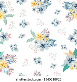 yellow and blue seamless flowers pattern. Delicate petals and vibrant blossoms create an artistic and vintage botanical illustration. Perfect for wallpaper, fabric, wrapping paper and more.