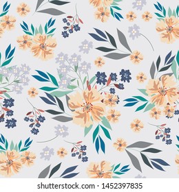 Yellow and blue seamless flowers pattern. Delicate petals and vibrant blossoms create an artistic and vintage botanical illustration. Perfect for wallpaper, fabric, wrapping paper and more.