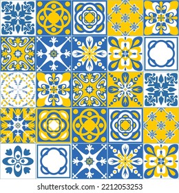 Yellow blue seamless pattern, traditional spanish Azulejo tile mosaic, vector illustration