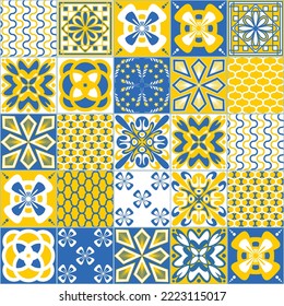 Yellow blue seamless pattern, traditional spanish Azulejo tile mosaic, contrast bright illustration