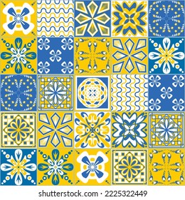Yellow blue seamless pattern, traditional spanish Azulejo tile mosaic, contrast vector illustration