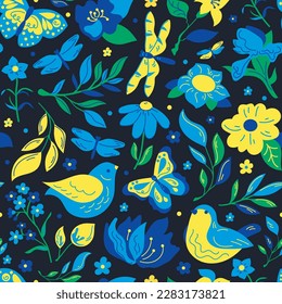 Yellow and blue seamless pattern.Vector ukrainian pattern.Botanical fabric. Floral wrapping paper.Textile texture in yellow and blue colors.Fabric pattern.Ukrainian ornament.