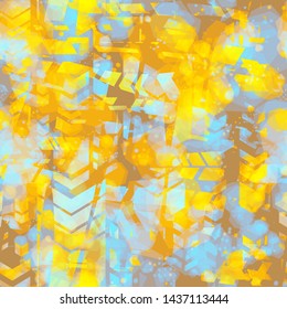 Yellow and blue seamless texture with blots and arrows. Tire track effect. Abstract vector background for web page, banners backdrop, fabric, home decor, wrapping