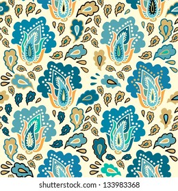 Yellow - blue seamless vector paisley pattern, portugal azulejo style