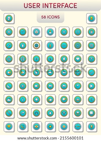 Yellow And Blue Set Of Ui Or Web Button Icons On Square Background.