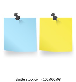 Yellow and blue sheet attached on a pushpin