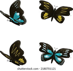 yellow and blue sky butterfly decorative vector illustration flying and perching on a flower